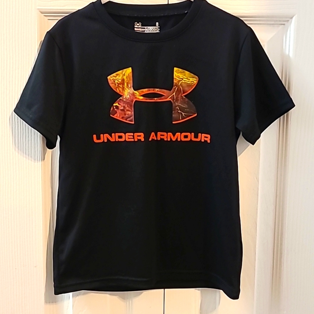 Under Armor Size 5 black with orange camo and writing.